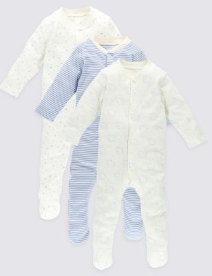 3 Pack Long Sleeve Pure Cotton Sleepsuits
